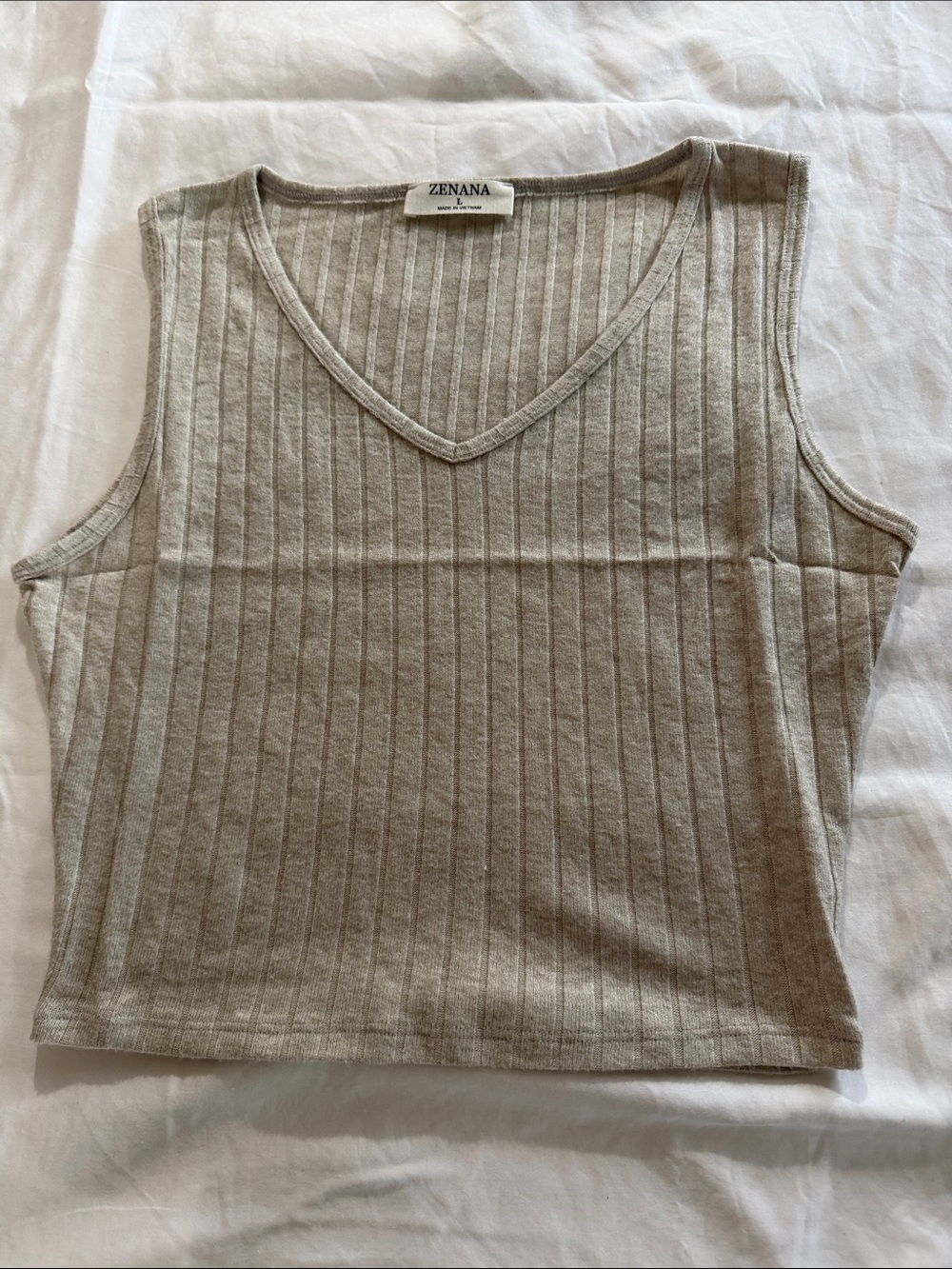 Zenana Outfitters Sleeveless Ribbed V-Neck Tank Top in Light Taupe